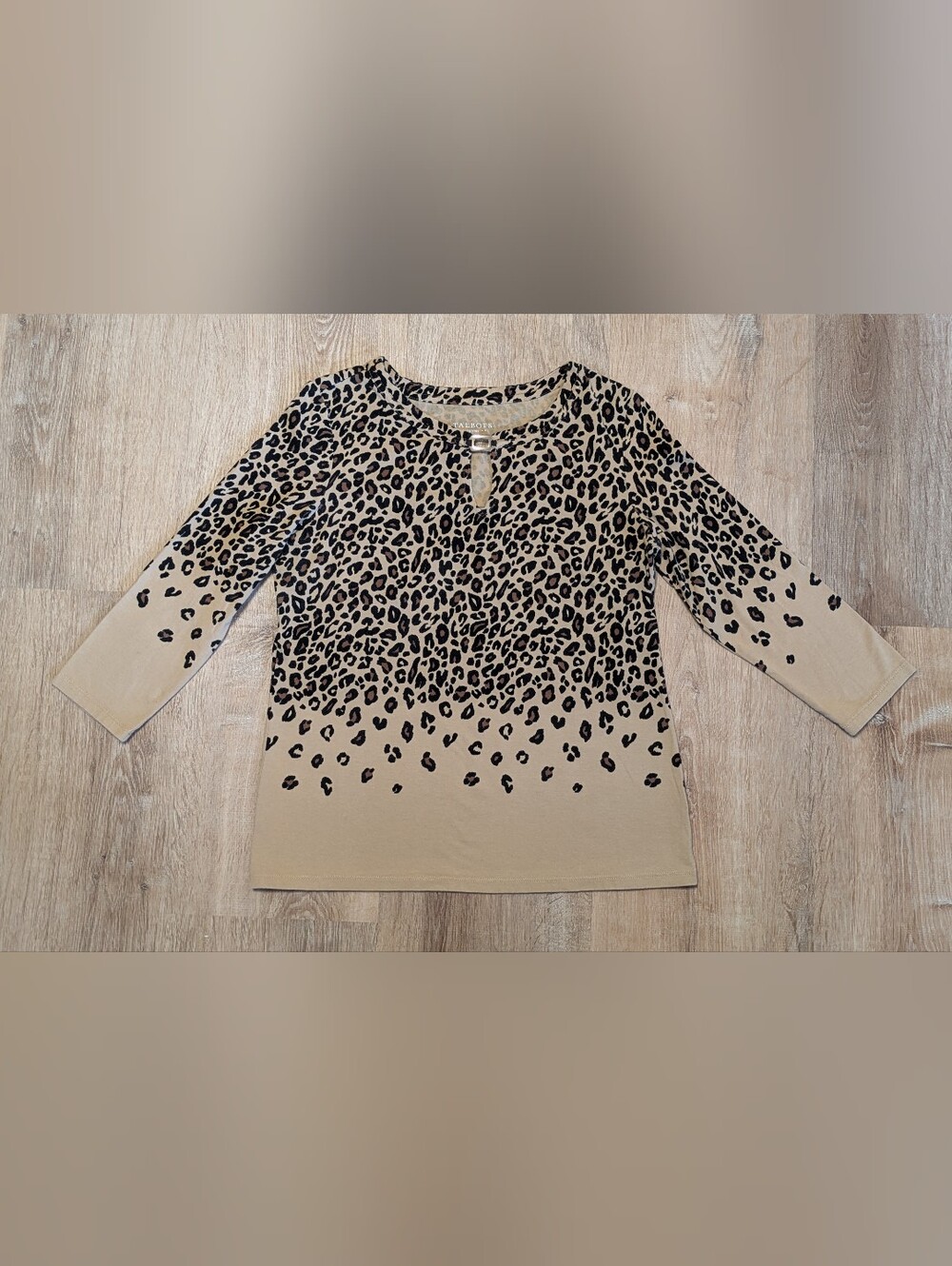Talbots Petites Beige and Black Leopard Print Three Quarter Length Sleeve Top